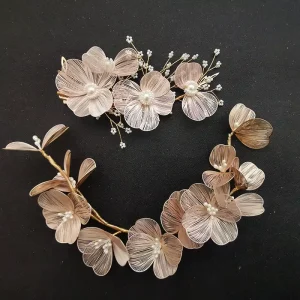 SLBRIDAL Handmade Baroque Alloy Flower Pearls Wedding Hair Accessories Bridal Headband Hair Clip Barrettes Set Women Jewelry