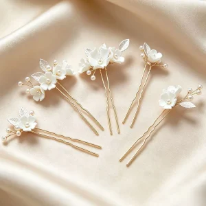 SLBRIDAL Handmade Ceramic Flower Pearls Bridal Hair Pins Earrings Set Wedding Hair Accessories Women Hair Jewelry