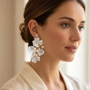 SLBRIDAL Handmade Rhinestone Crystal Pearl Silk Flower Clip on Wedding Dangle Earring Bridal Earring Fashion Women Girls Jewelry