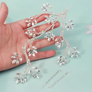 SLBRIDAL Handmade Wired Alloy Rhinestones Pearls Crystal Leaf Bridal Headband Wedding Headpieces Hair Accessories Women Jewelry