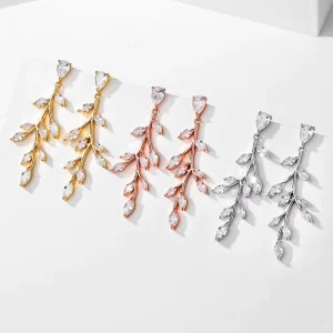 SLBRIDAL Ins Style Fashion Tree Branch CZ Crystal Girls Dangle Earrings Cubic Zircon Women Earrings Bridal Wedding Drop Earrings