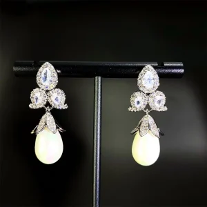 SLBRIDAL Luxury Elegant Cubic Zircon Flower Women Girls Tassels Dangle Earrings Formal Wedding Bridal Drop Chandelier Earrings