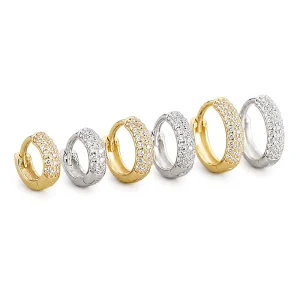 SPJ Low MOQ Trendy Metal Style Triple Row Cubic Zirconia S925 Sterling Silver Wide Face Huggie Hoop Earrings for Women