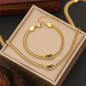 SSeeSY Devil Eyes Stainless Steel Necklace Charms Bracelet Charms Cuban Link Chain Fashion Jewelry Jewelry Sets for Women