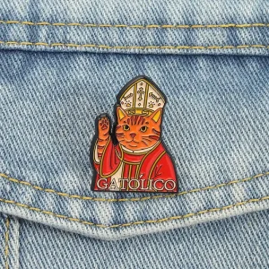 Sacred Catholic Cat Enamel Pin Solemn GATOLICO Cat Religious Belief Cartoon Brooch Lapel Badge Jewelry Gift