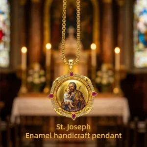 Saint Joseph Enamel Necklace Catholic Patron of Workers Amulet Father’s Day Religious Gift 18K Gold Brass
