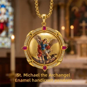 Saint Michael Archangel Enamel Zircon Pendant 18K Gold Hand Painted Brass Catholic Confirmation Gift Spiritual