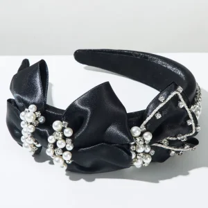 Satin Bow Headband with Pearl & Rhinestone Accents Elegant Embellished Hair Hoops for Women Bridal & Formal Hair Accessories
