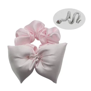 Satin Fabric Hair Ties With Cotton Filled Bow & Metal Ring Decoration Elegant Hair Band