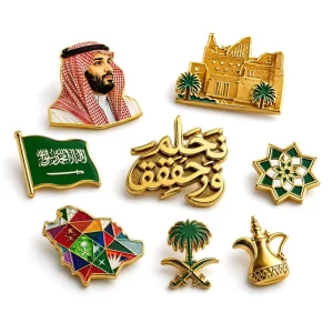 Saudi National Day 96TH Anniversary Gold Plated Modern Metal Brooch Badge Pin For Sale