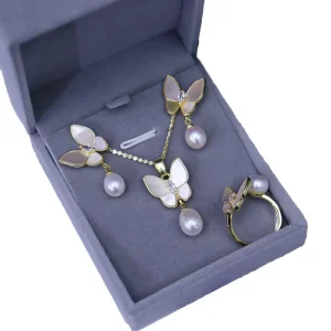 Sea Shell, Butterfly, and Freshwater Pearl Jewelry Set with 18K Gold Plated Necklace, Ring, and Earrings