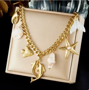 Sea Star Conch Pendant Gold Plated Stainless Steel Necklace