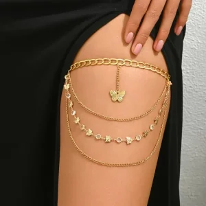 Seaside Streetwear Trend Thigh Chain Shiny Gold Plated Tassel Luxury Engagement Long Metal Chain Women Fashion Body Jewelry Gift