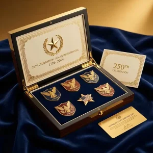 Semiquincentennial 250th Celebration Enamel Pin Set Patriotic American Eagle Star Flag Lapel Pins Wood Gift Box Case