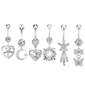 Set 10 Long Dangle Flower Body Jewelry Stainless Steel Zircon Inlay Heart Shaped Pentagram Piercing Fashion Piercing Jewelry