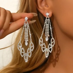 Set of 2 Fashion Dangle Earrings for Brides Full Diamond Rhinestone Iced Crystal Long Tassel Zircon Cubic Elegant Bride Jewelry