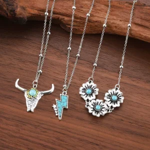 Set of 3 Turquoise Western Bohemian Unisex Pendant Necklaces Zinc Alloy Silver Plated Bullhead Boots Design