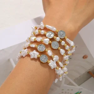 Set of 4 Gold Beaded Stretch Bracelets with Baroque Pearl and Religious Medals