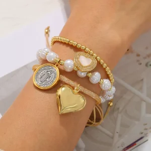Set of 4 Gold Stackable Bracelets with Heart Charms, Religious Medal and Pearl Beads