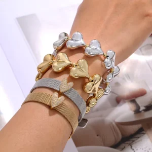 Set of 4 Puffy Heart & Mesh Bracelets Gold & Silver Stackable Minimalist Jewelry