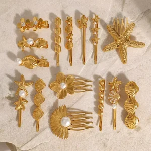 Set of Fashion PVD Gold Plated Stainless Steel Hair Clips Flower Pearl Shell Hair Accessories for Women and Girls