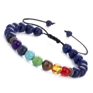 Seven Stone Bracelet, Lapis Lazuli Wheel Tiger’s Eye Adjustable Woven Yoga Beaded
