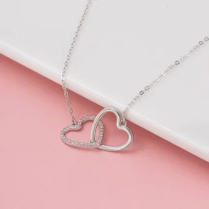 Seven.A Fashion 925 Sterling Silver Non Tarnish Rhodium Plated 3A Cubic Zirconia Diamond Double Heart Shape Necklace