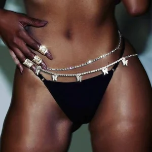 Sexy Design Women Metal Body Jewelry Shiny Square Zircon Butterfly Pendent Alloy Adjustable Belly Waist Chain for Female
