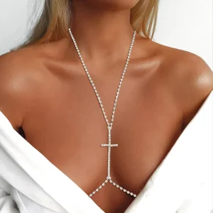 Sexy Full Crystal Fine Jewelry Body Chain Women Fashion Bling Bling Cross Charm Fine Waist Jewelry Body Chain
