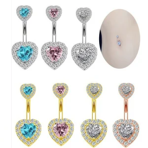 Sexy Peach Heart Belly Button Ring Stainless Steel Crystal Rhinestone Inlaid Body Jewelry Gift