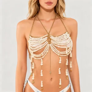 Sexy Pearl Beaded Body Chain Necklace for Engagement and Nightclub Wear
