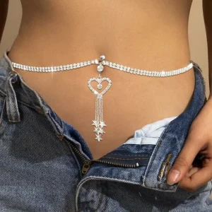 Sexy Rhinestone Body Piercing Jewelry Heart Navel Waist Body Chain for Women