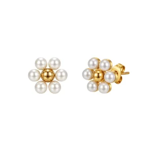 Shell Bead Pearl Gold Plated Stud Earrings for Women Vintage Flower Design Party Stainless Steel