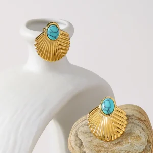 Shell Earring Ocean Fashion Jewelry Stud Turquoise Natural Stone Rose Quartz PVD 18K Gold Stainless Steel