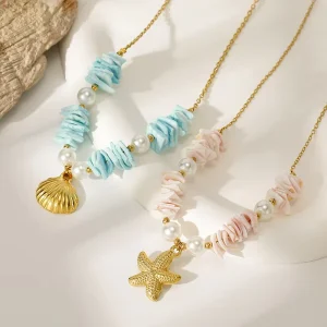 Shell Starfish Pearl Necklace 18K Gold Plated Bamboo Chain Stainless Steel