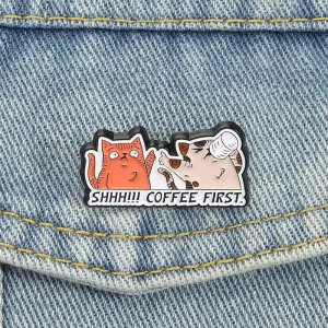 Shhh Coffee First Enamel Pins Cute Kawaii Kitten Animal Brooch Lapel Badge Two Cats Lover Brooch Metal Badge Fashion Lapel Pin