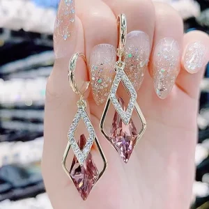Shining Korean Style Pink Crystal Geometric Diamond Alloy Micro Inlaid Gold Plated Hoop Earrings-Gift