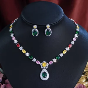 Shiny CZ Cubic Zirconia Elegant Design Necklace and Earrings Engagement Wedding Bridal Colorful Jewelry Set for Women