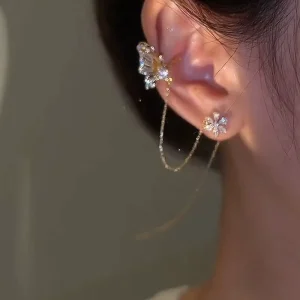 Shiny Crystal Butterfly Ear Cuff Clip Earrings for Women Fashion Tassel Chain Flower Stud Earrings Wedding Jewelry