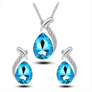 Shiny Crystal Rhinestone Silver Plated Pendent Chain Necklace Stud Earring Costume Fashion Jewelry Set for Women