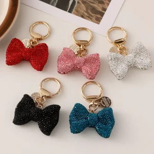 Shiny Pink Rhinestone Bow Key Chain Gold Plated Metal Hook Stylish Cartoon Design Trendy Bag Charm Accessory for Keys