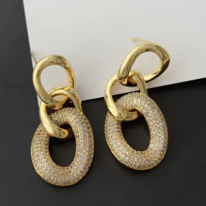 Short Chain Link Shaped Earrings Pave Zircon Pin Earrings Elegant Oval Drop Earrings Classic Style