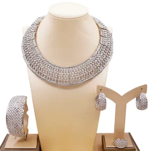 Silver Alloy Filigree 4Pcs Jewelry Set African Choker Necklace Bracelet Earrings Ring Women Wedding Party Costume Accent