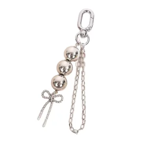 Silver Beaded Phone Charm Simple Metal Bow Bead Chain Tassel Bag Pendant Keychain