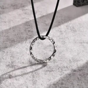 Silver Circle Hammer Ring Stainless Steel Pendant Necklaces 60CM Black Braided Rope Waterproof