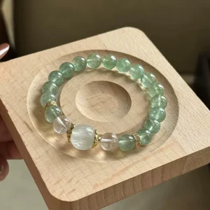 Silver Crafts Natural Green Strawberry Quartz Clear Crystal Beaded Bracelet Gold Plated