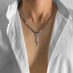 Silver Four Point Star Pendant Necklace 316L Stainless Steel Mixed Snake Cuban Chain Unisex Fashion Jewelry
