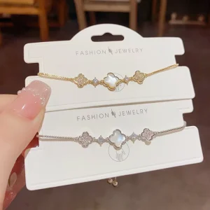 Silver Gold Lucky Four Leaf Flower Charm Bracelet Dainty Crystal Bolo Bangles Romantic Wedding Jewelry for Women Gift
