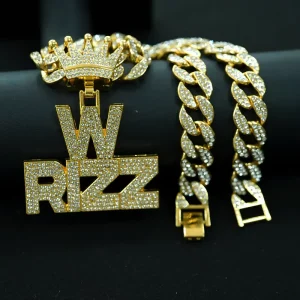 Silver Gold W RIZZ Letter Pendant and 15mm Iced Out Cuban Link Chain Necklace Collar Colgante De Letras