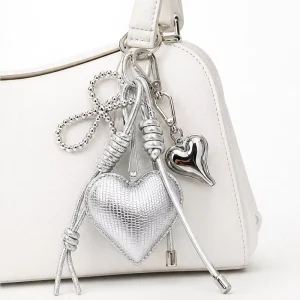 Silver Heart Bag Charm Keychain Bow Pendant Luxury Leather Purse Accessory Women Fashion Handbag Decoration Key Ring Gift